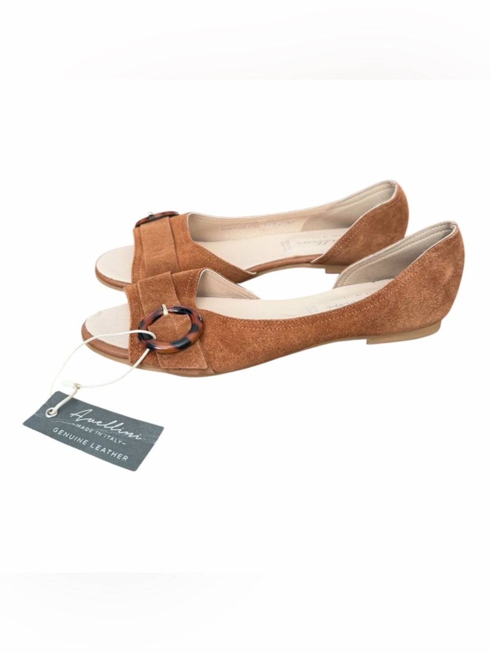 Anellini Tan‎ Suede Open-Toe Flats with Decorative Buckle